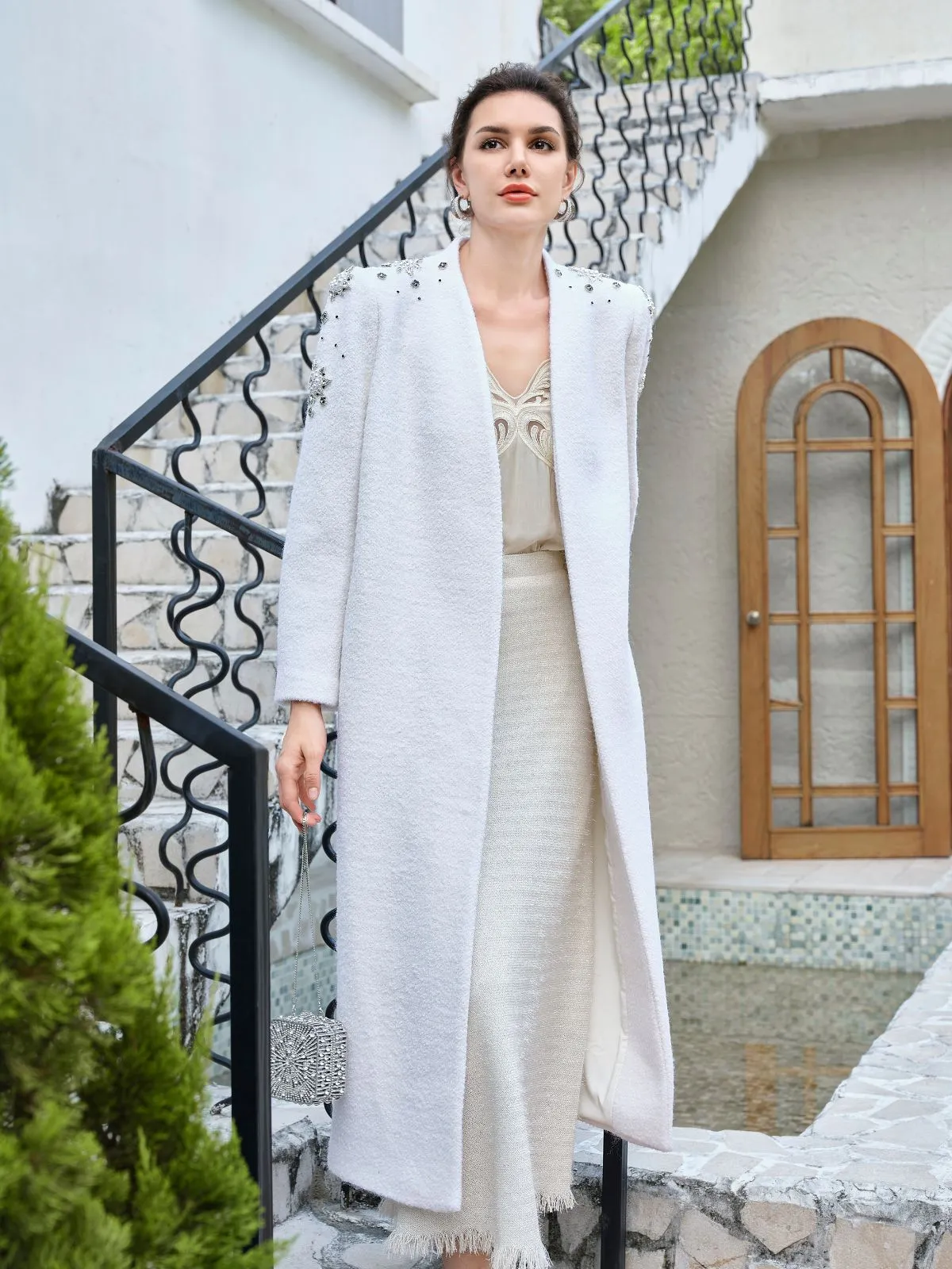 Minimalist Crystal Embellished Cashmere Coat