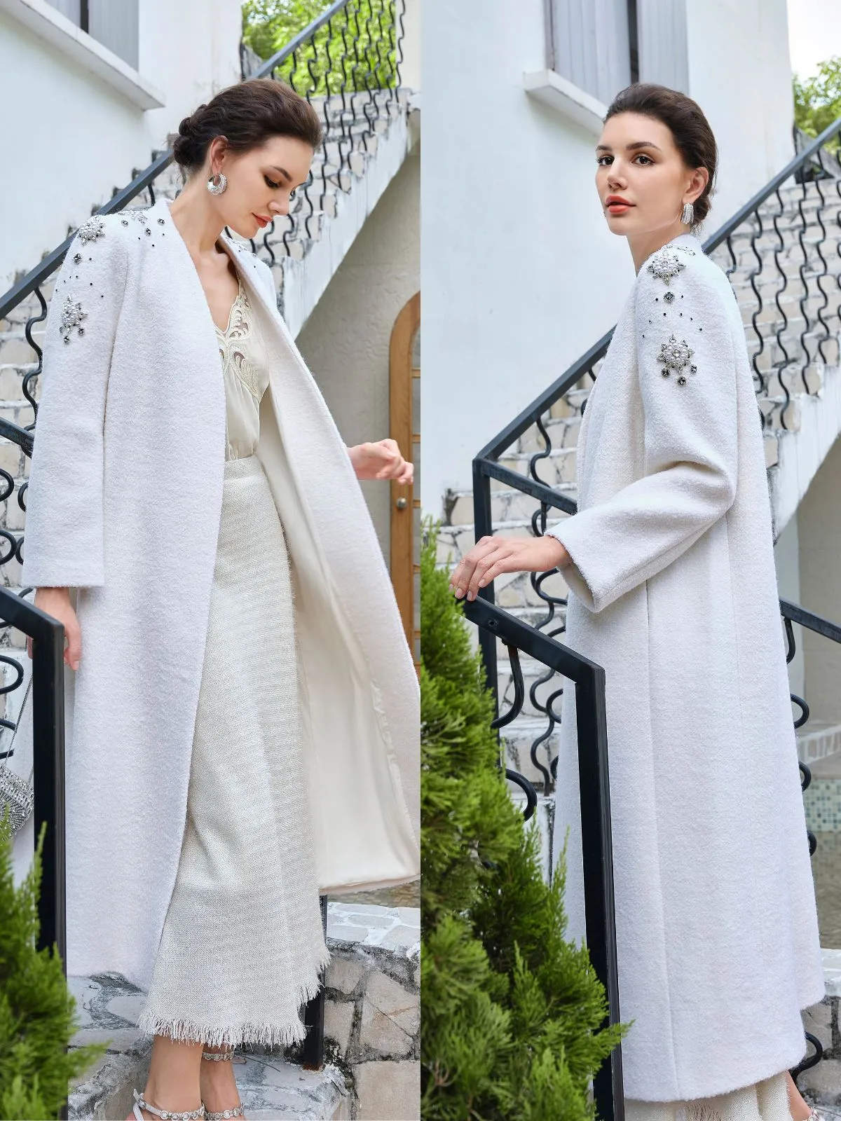 Minimalist Crystal Embellished Cashmere Coat