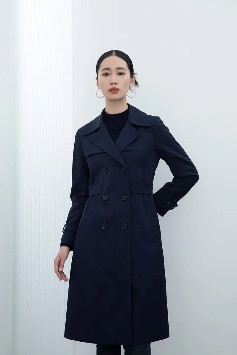 Navy Blue Double Breasted Long Trench Coats