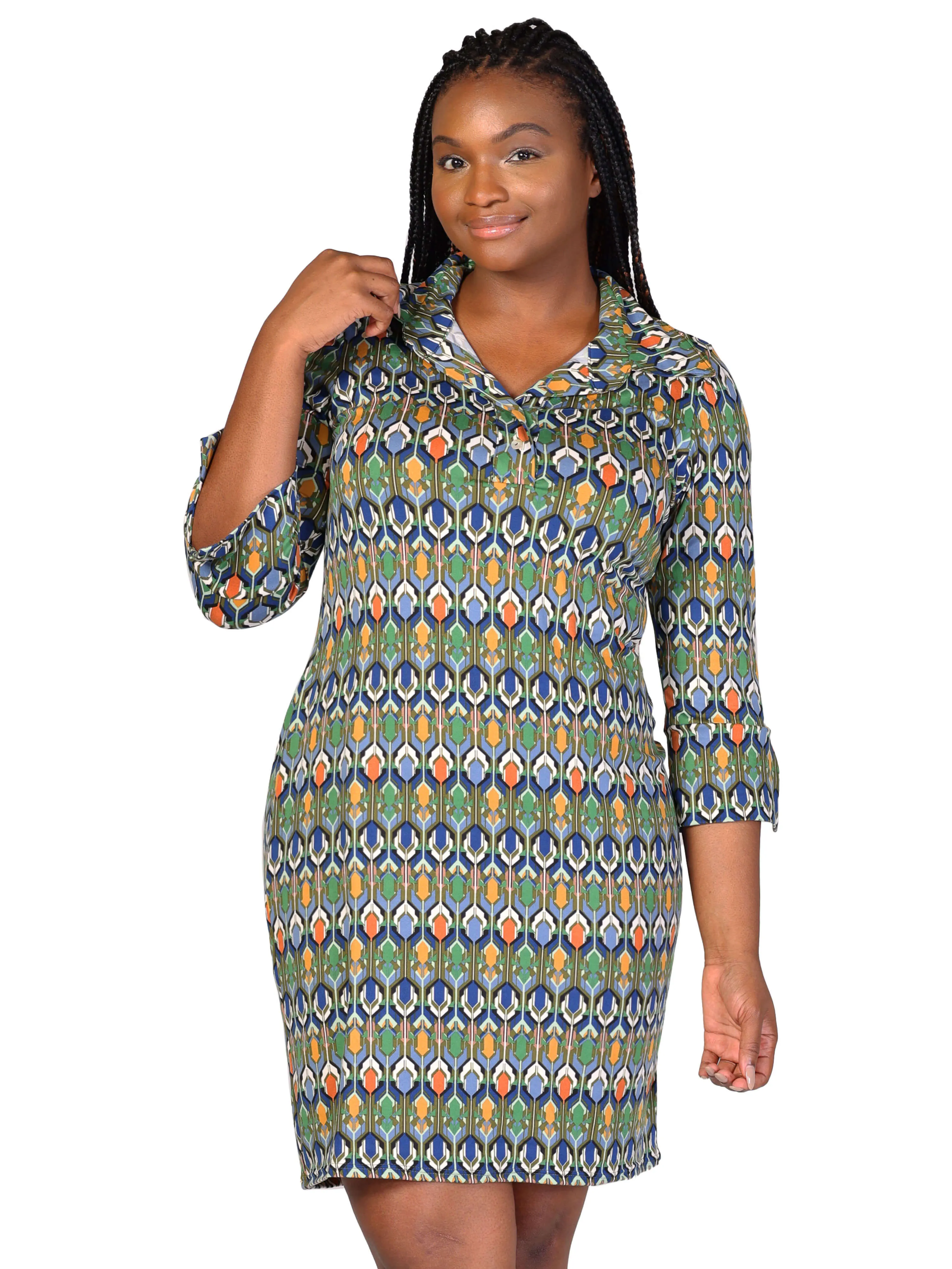 Plus Size Green Geometric Print Three Quarter Sleeve Collar Mini Dress