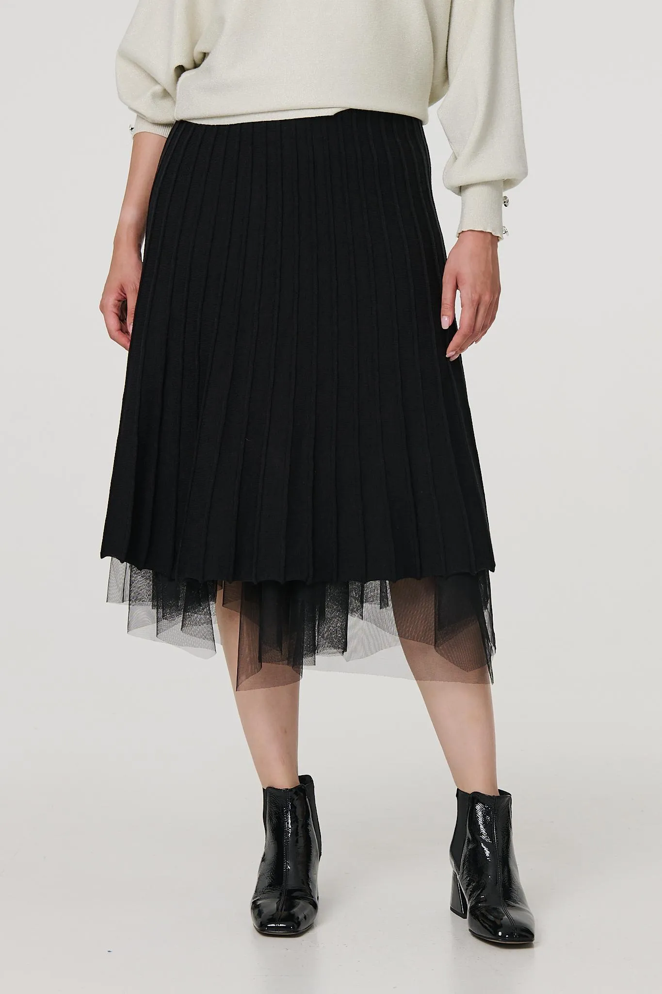 Reversible Hanky Hem Mesh & Knit Midi Skirt