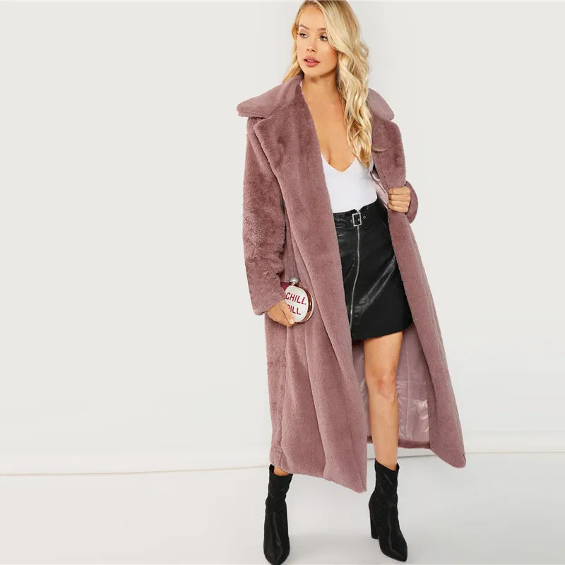 SHEIN Pink Office Lady Elegant Open Front Longline Faux Fur Teddy Solid Coat 2018 Autumn Minimalist Women Coats Outerwear