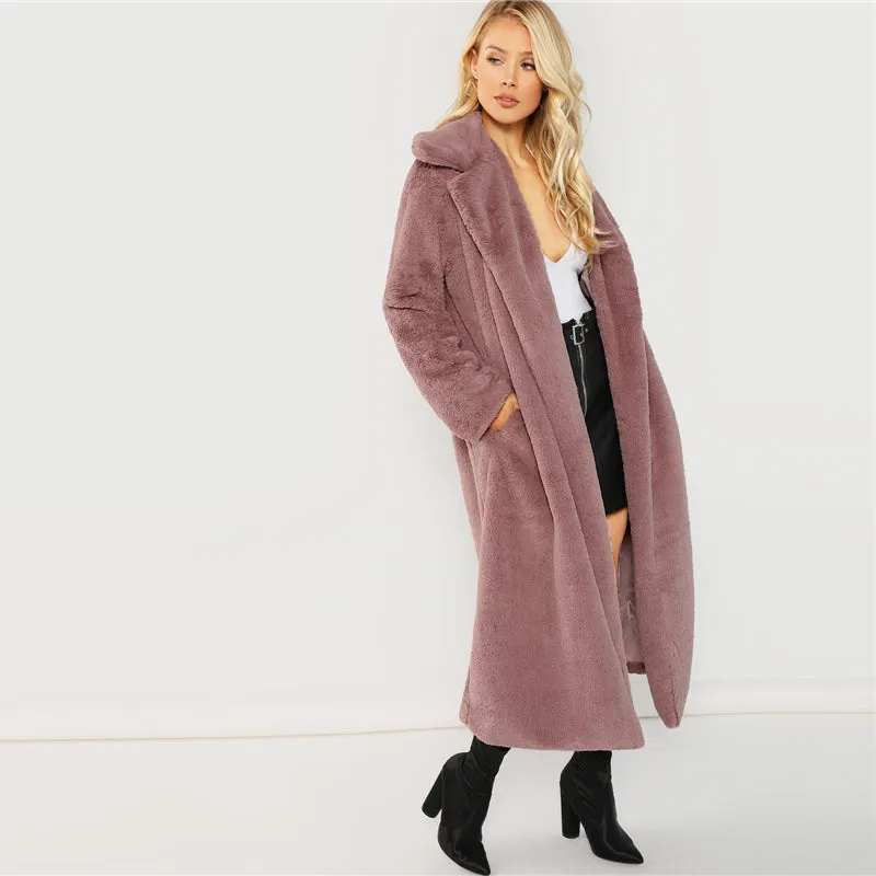 SHEIN Pink Office Lady Elegant Open Front Longline Faux Fur Teddy Solid Coat 2018 Autumn Minimalist Women Coats Outerwear