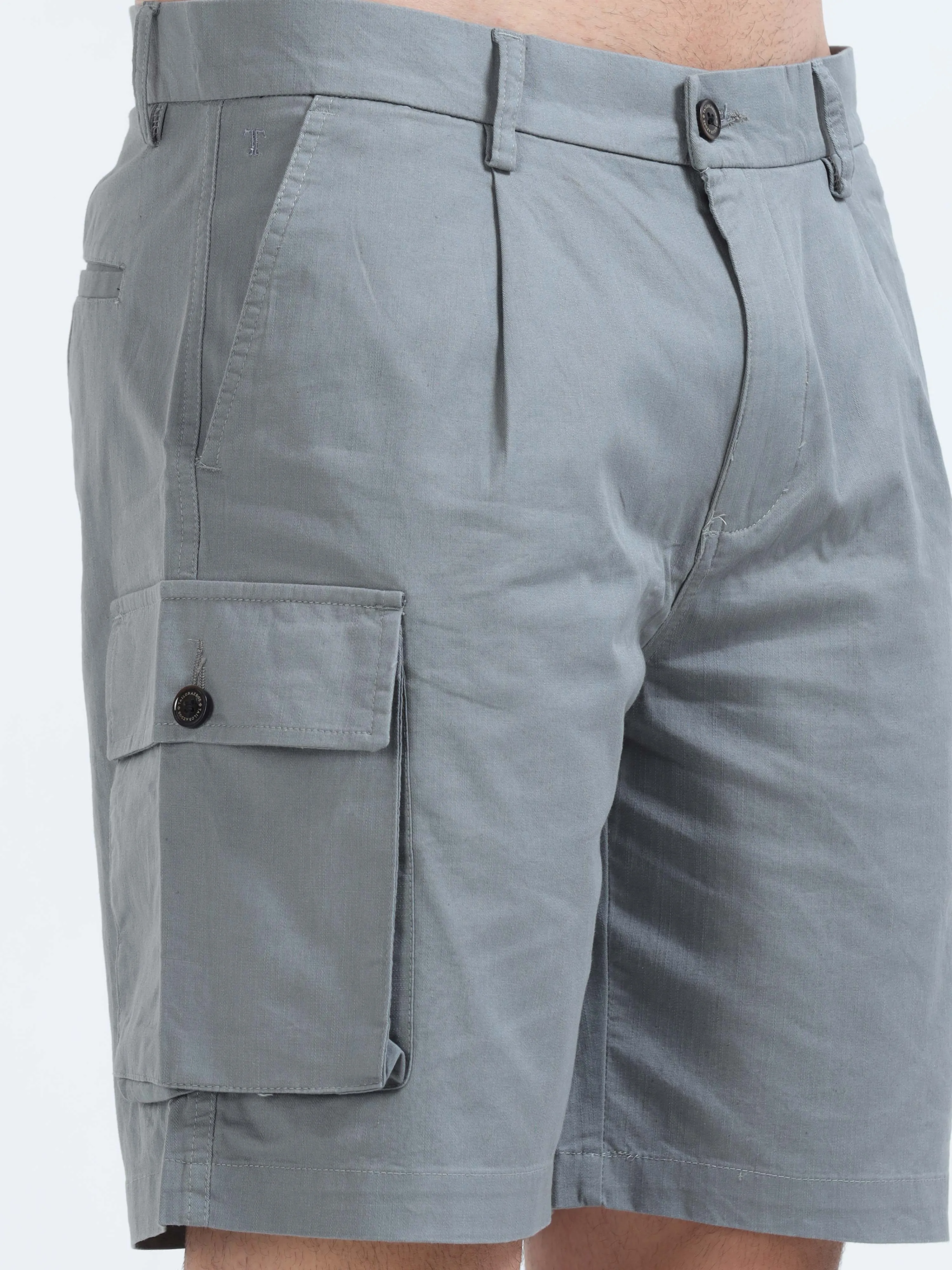 Soft Cotton Pleated Steel Grey Cargo Shorts