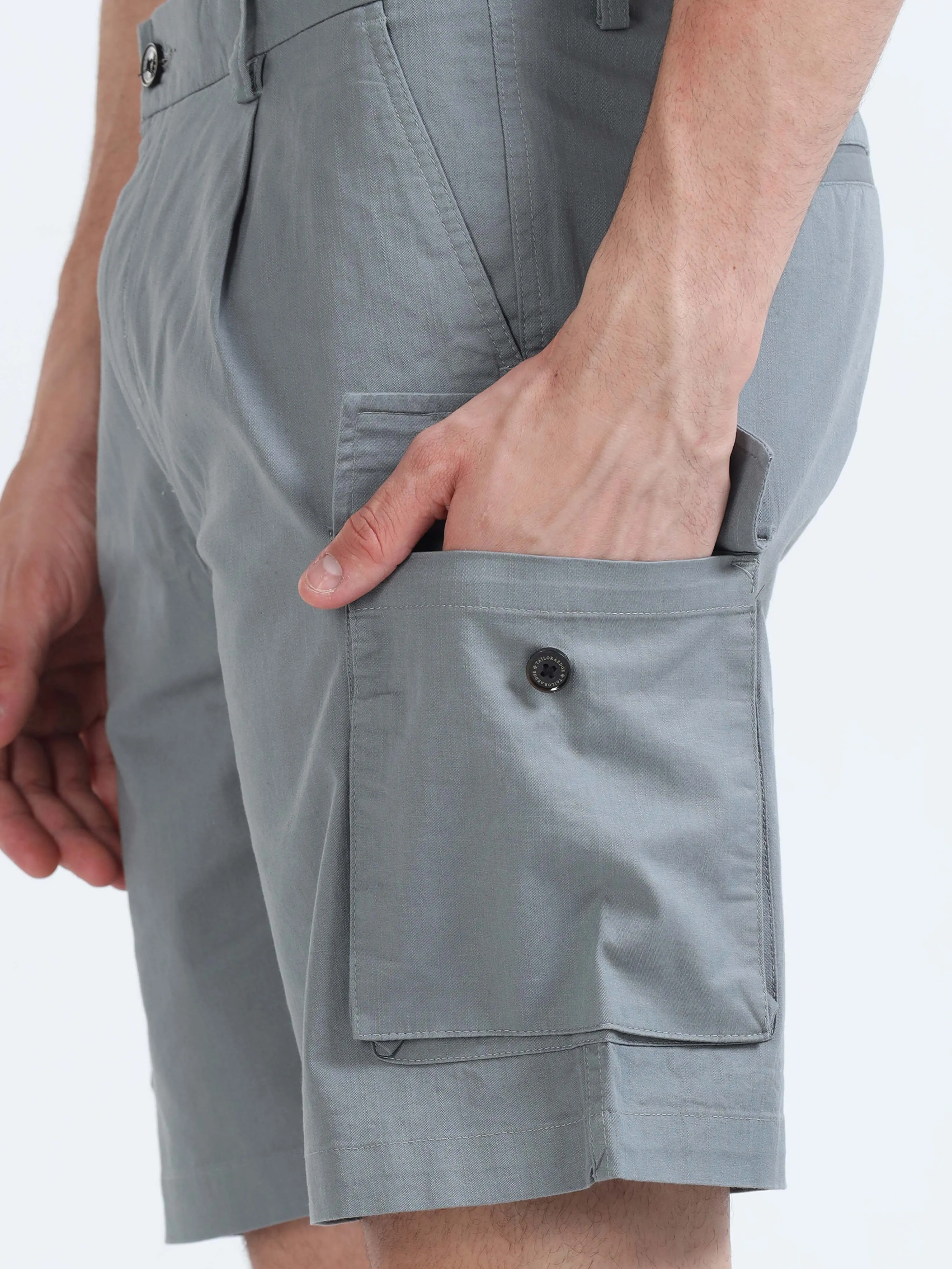 Soft Cotton Pleated Steel Grey Cargo Shorts