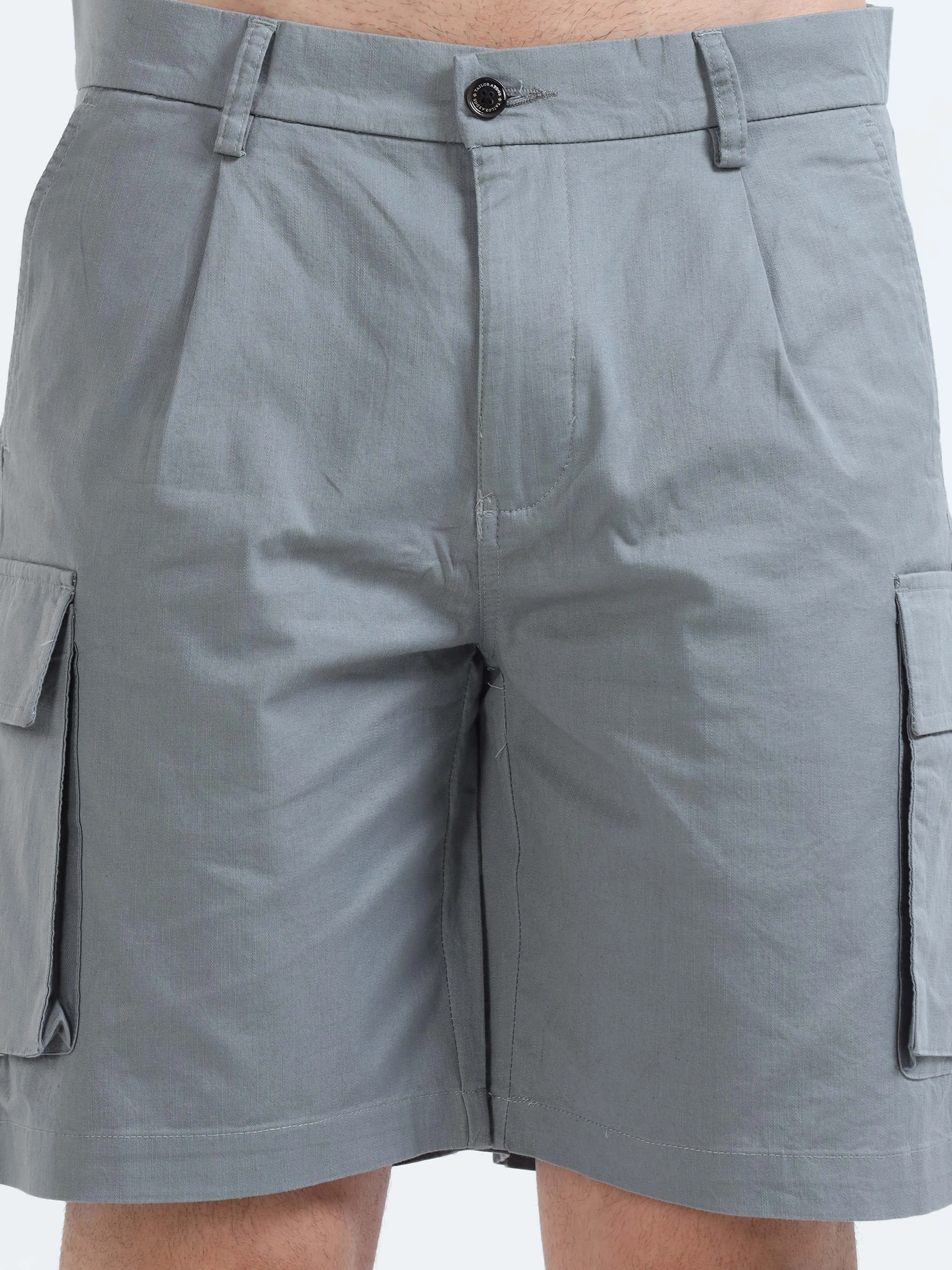 Soft Cotton Pleated Steel Grey Cargo Shorts