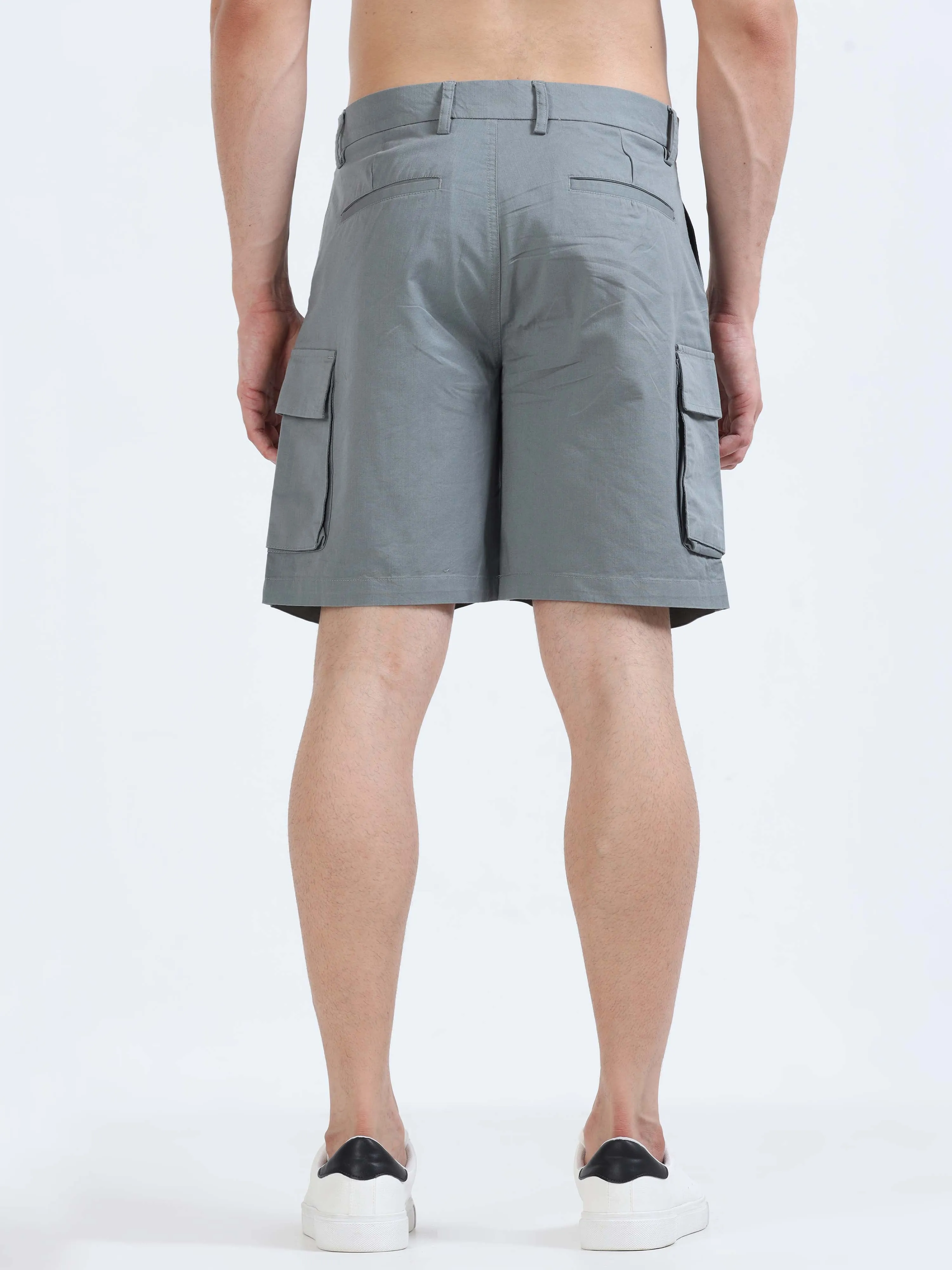 Soft Cotton Pleated Steel Grey Cargo Shorts