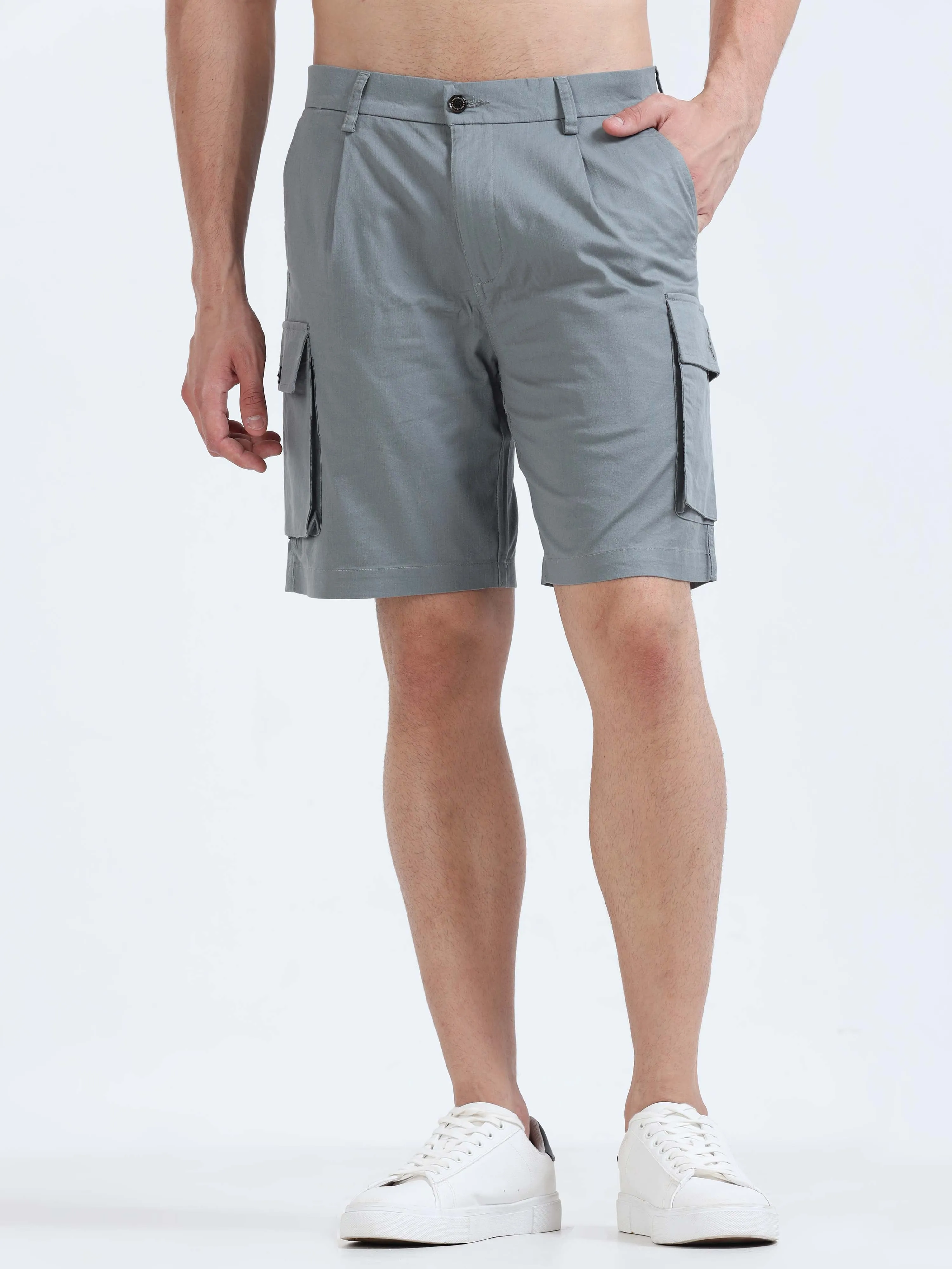 Soft Cotton Pleated Steel Grey Cargo Shorts