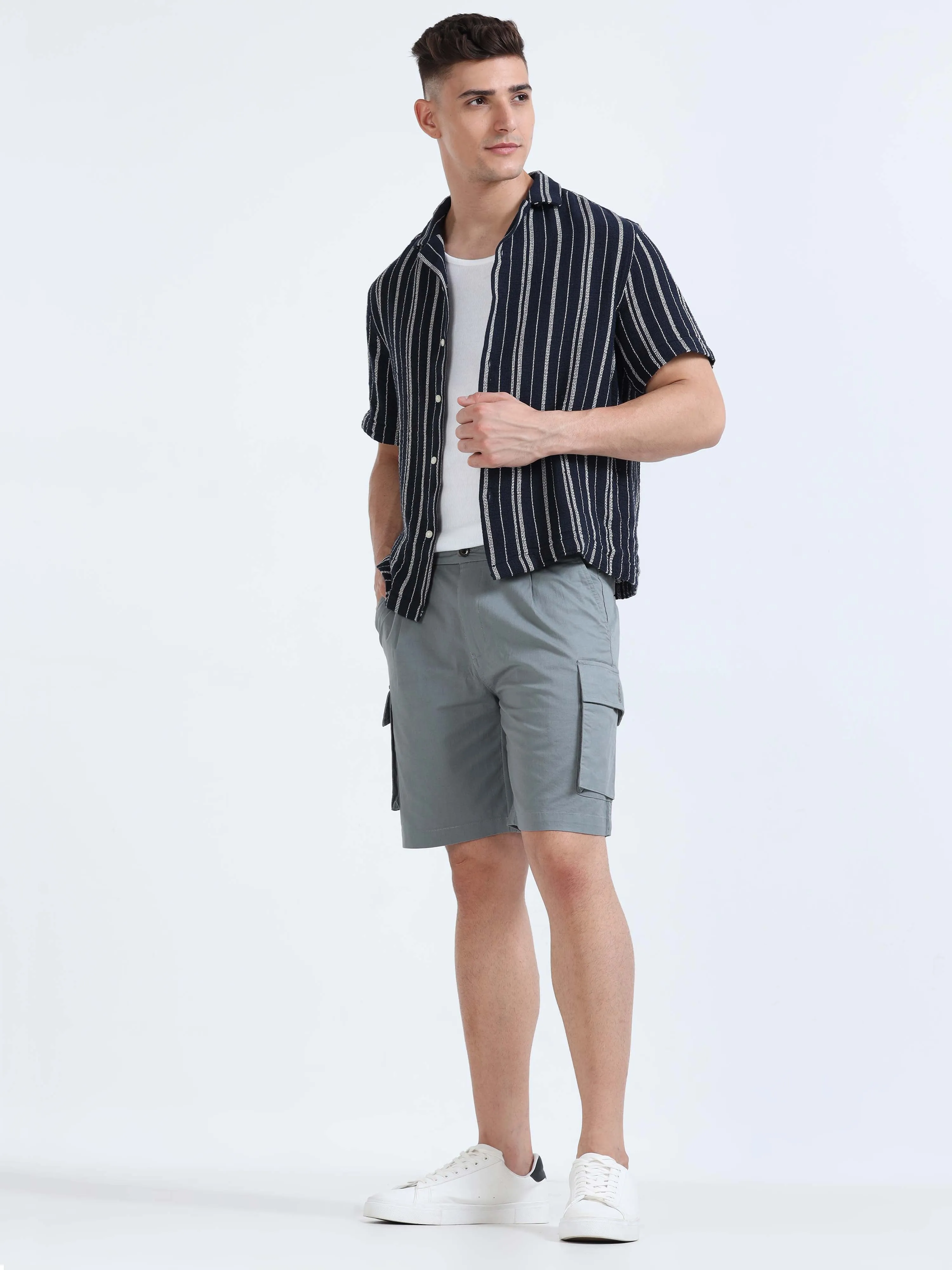 Soft Cotton Pleated Steel Grey Cargo Shorts