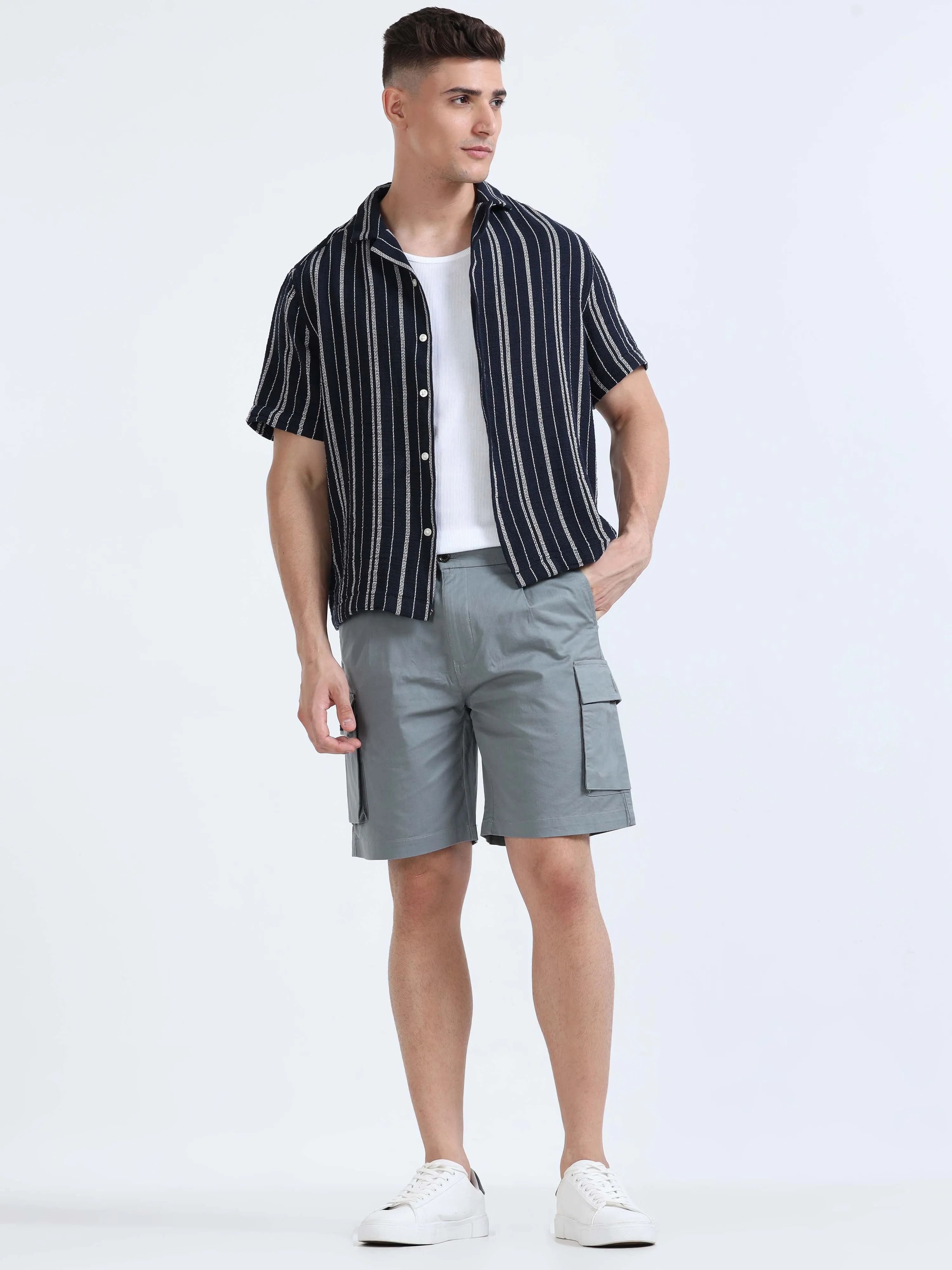 Soft Cotton Pleated Steel Grey Cargo Shorts