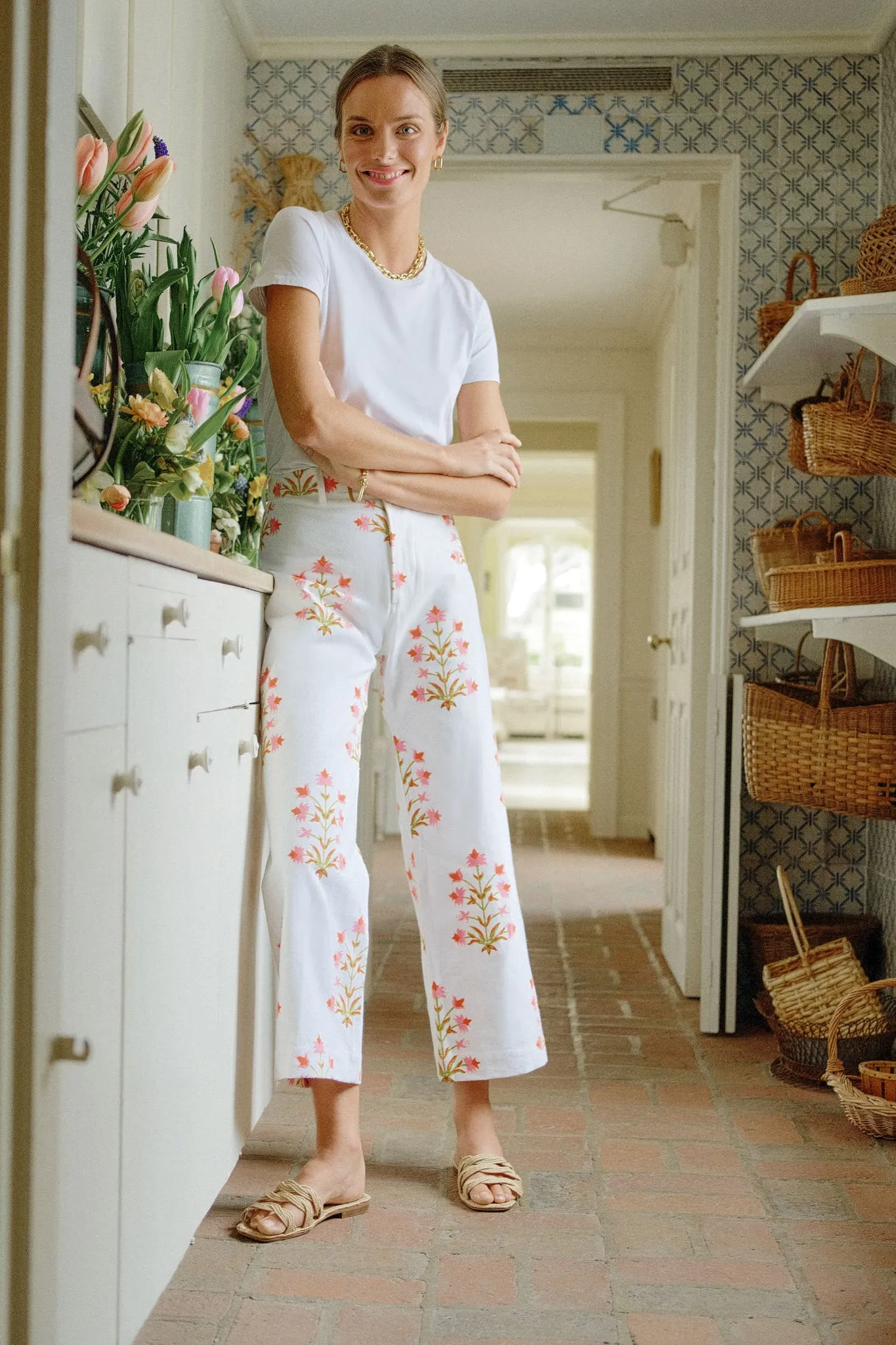 Soft Rose and Tangerine Lily Print Disco Pants