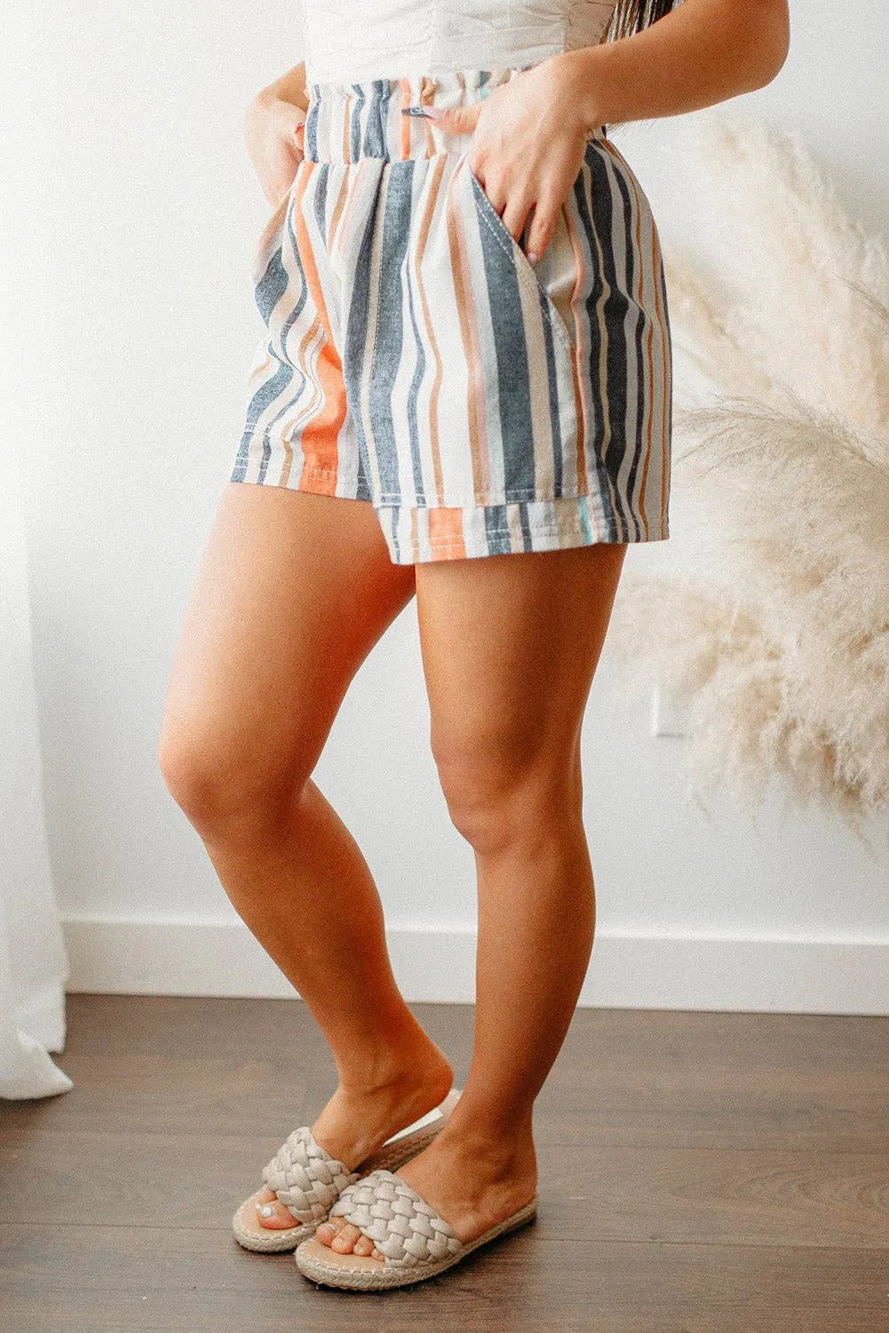 Stripe Vintage Washed Elastic Frill Waist Shorts