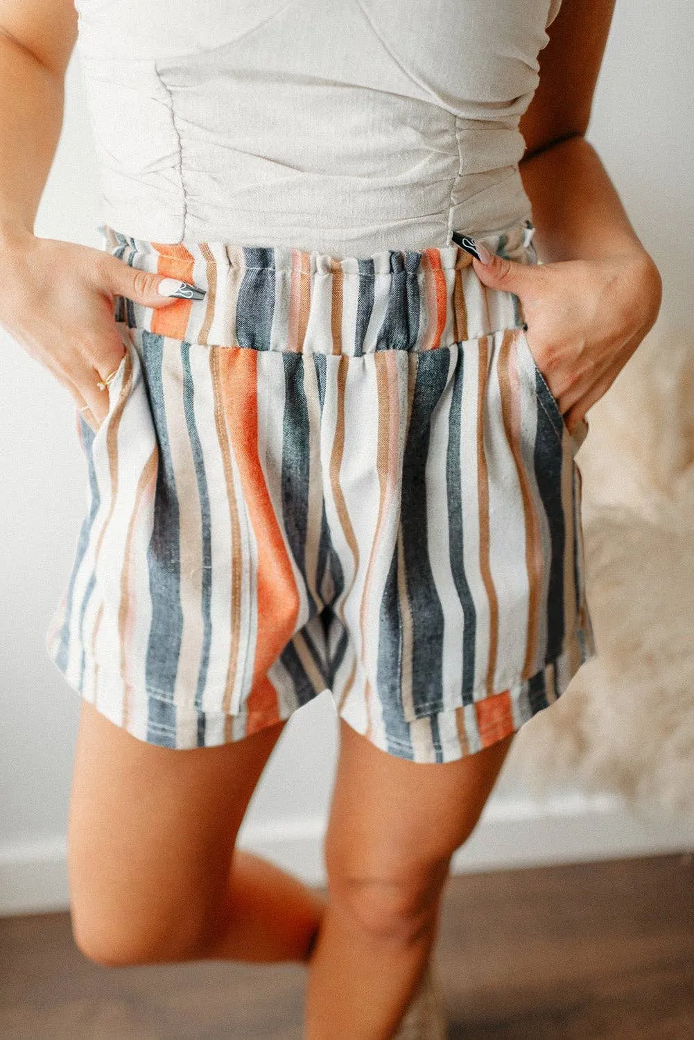 Stripe Vintage Washed Elastic Frill Waist Shorts