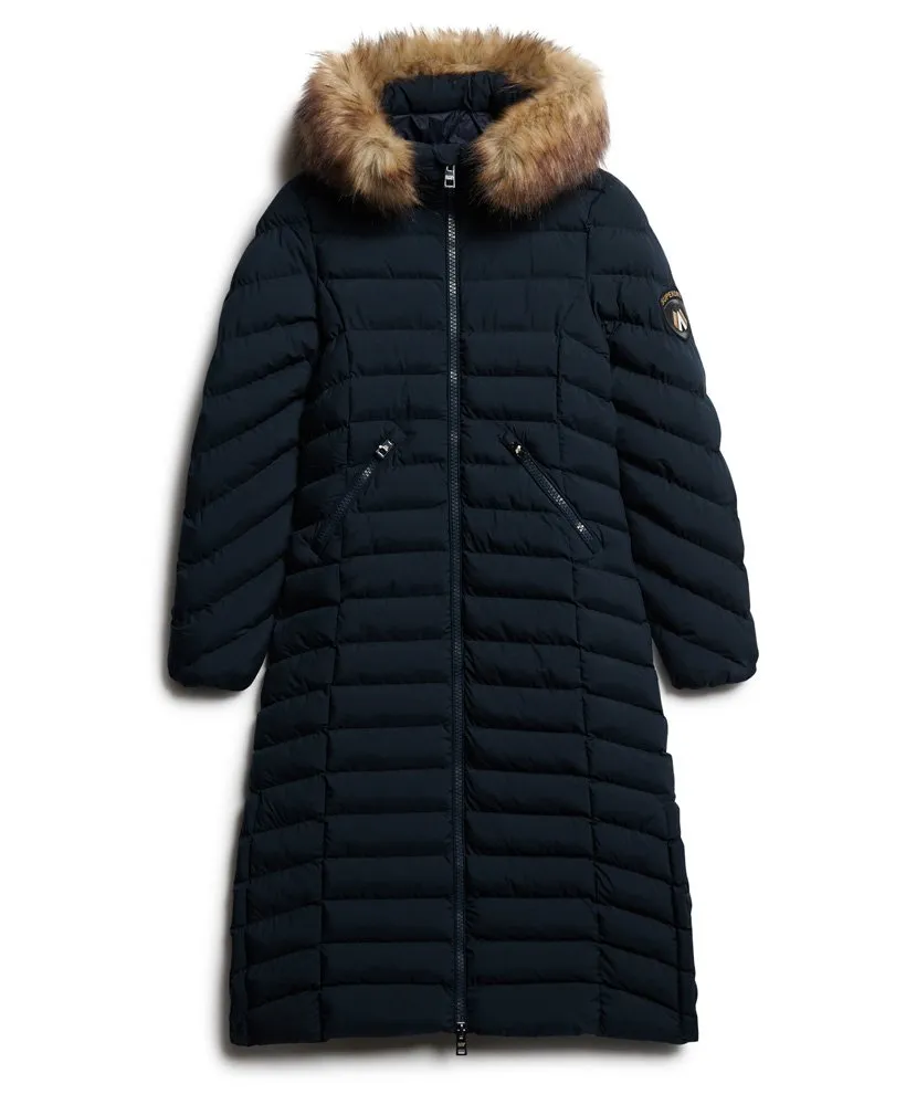 Superdry Womens Coat Fuji Faux Fur Hooded Longline Eclipse Navy