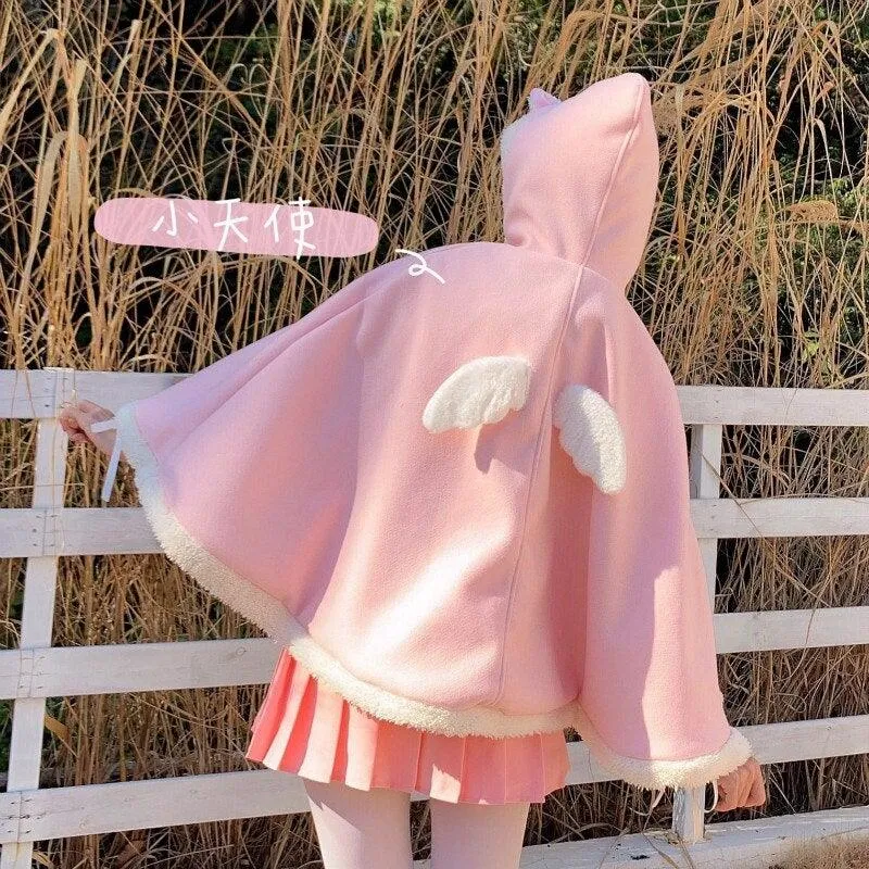 Sweet Heart Cloak with Cat Ear & Wings Hooded Cape Shawl Wrap Women's Cape Cute Shawl Lolita Autumn Fall Female Kawaii Harajuku