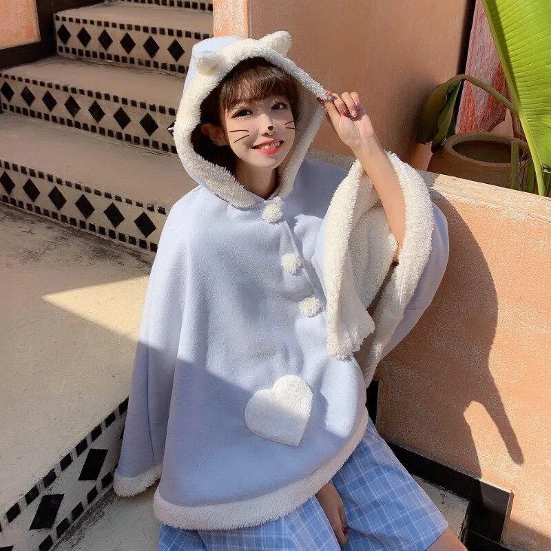 Sweet Heart Cloak with Cat Ear & Wings Hooded Cape Shawl Wrap Women's Cape Cute Shawl Lolita Autumn Fall Female Kawaii Harajuku