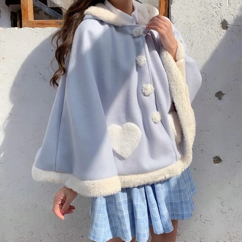 Sweet Heart Cloak with Cat Ear & Wings Hooded Cape Shawl Wrap Women's Cape Cute Shawl Lolita Autumn Fall Female Kawaii Harajuku