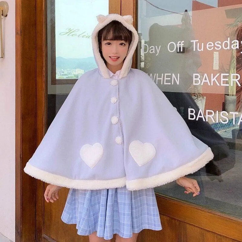 Sweet Heart Cloak with Cat Ear & Wings Hooded Cape Shawl Wrap Women's Cape Cute Shawl Lolita Autumn Fall Female Kawaii Harajuku