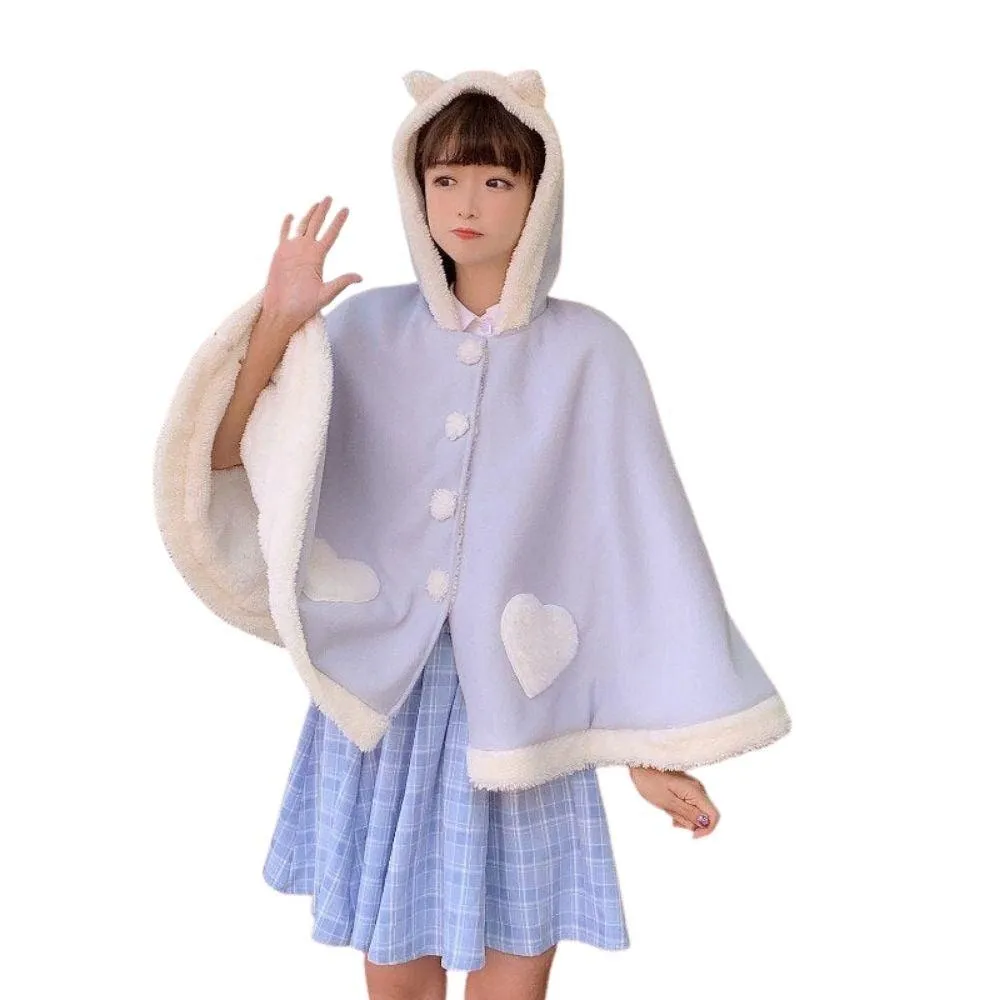 Sweet Heart Cloak with Cat Ear & Wings Hooded Cape Shawl Wrap Women's Cape Cute Shawl Lolita Autumn Fall Female Kawaii Harajuku