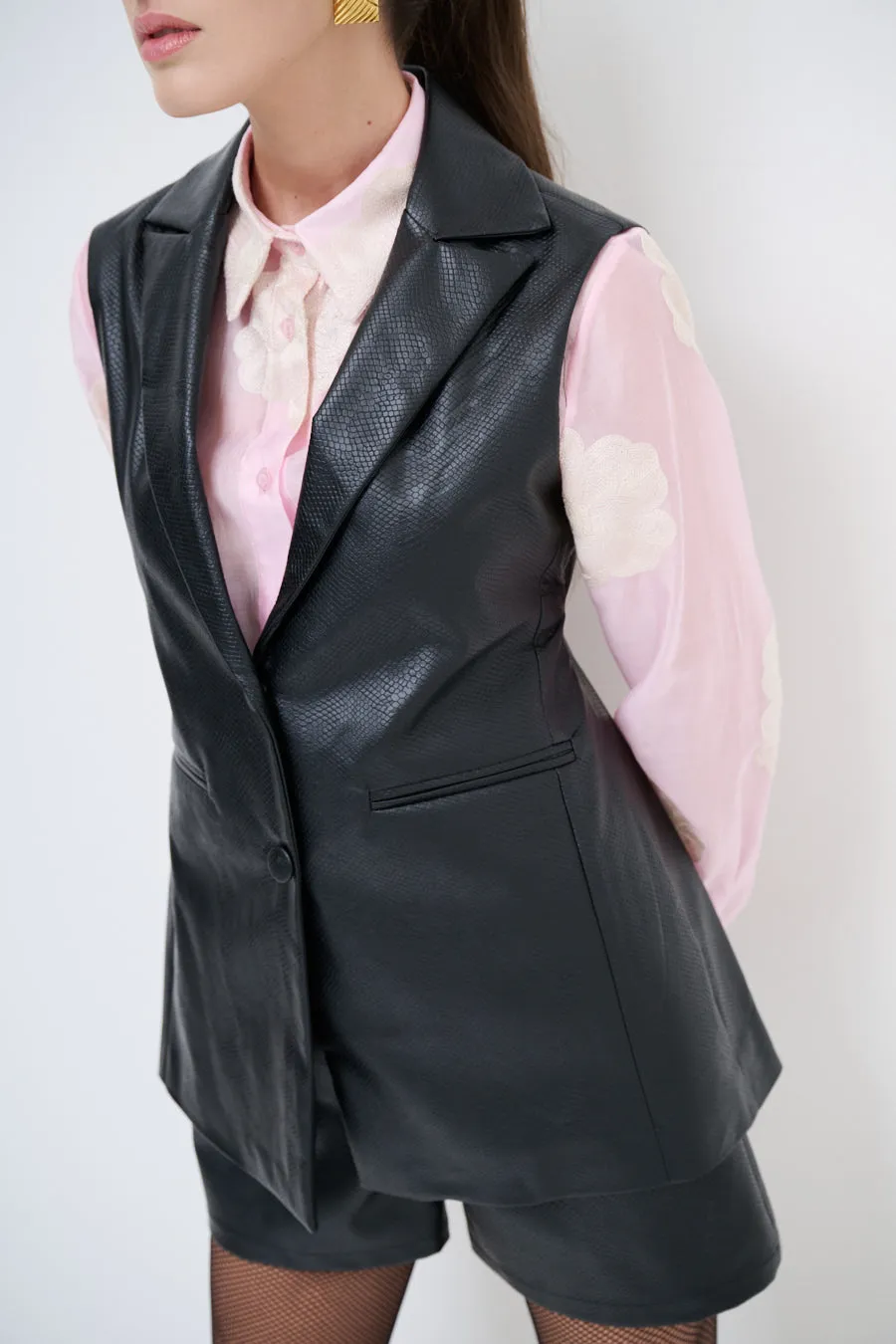 Tailored faux leather vest with lapel collar wholesale