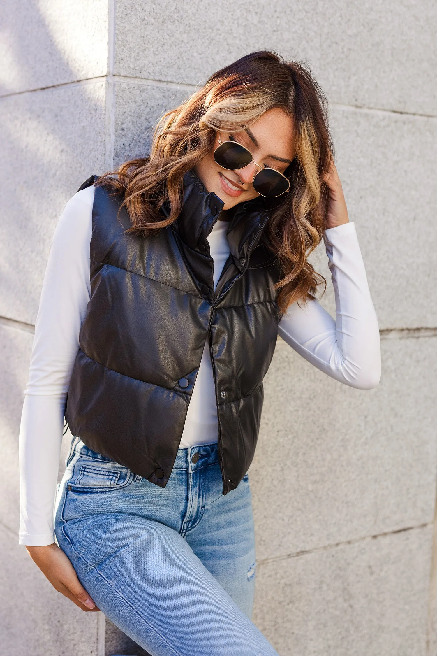 The Kind of Magic Black Faux Leather Puffer Vest