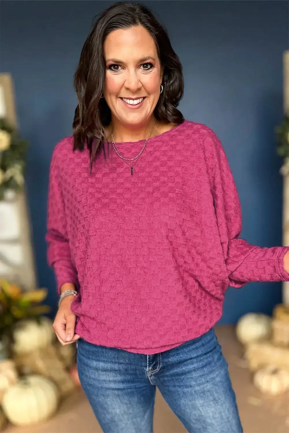 Unique Bright Pink Checker Textured Dolman Sleeve Blouse