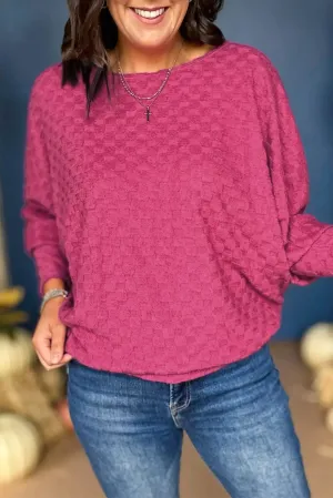 Unique Bright Pink Checker Textured Dolman Sleeve Blouse