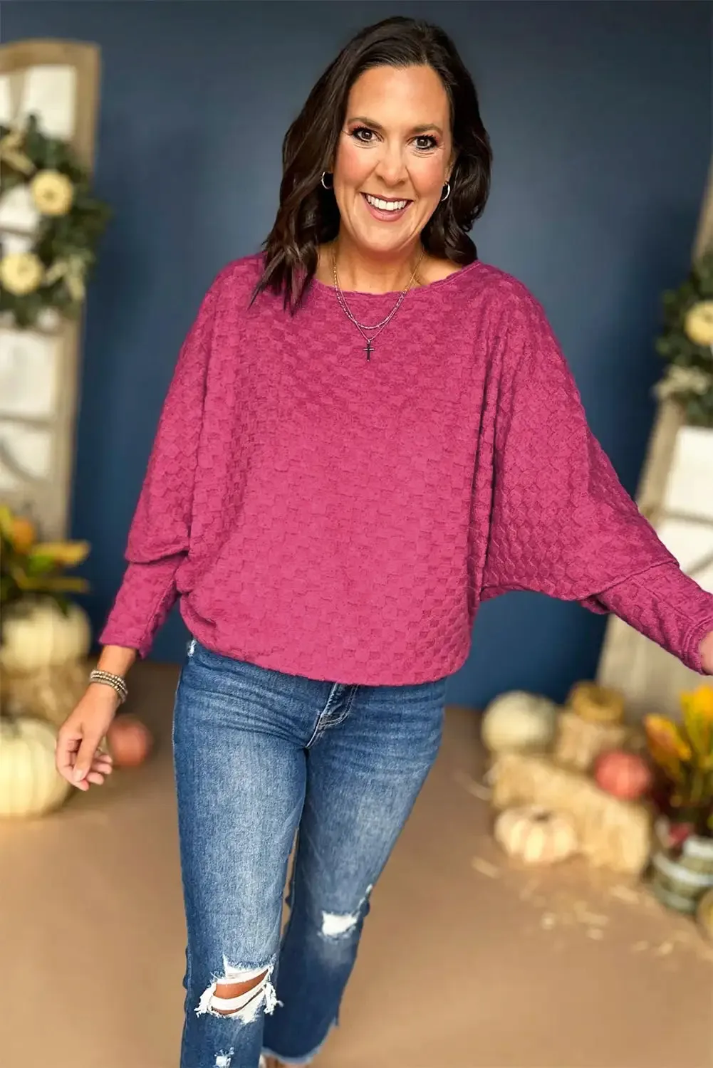 Unique Bright Pink Checker Textured Dolman Sleeve Blouse