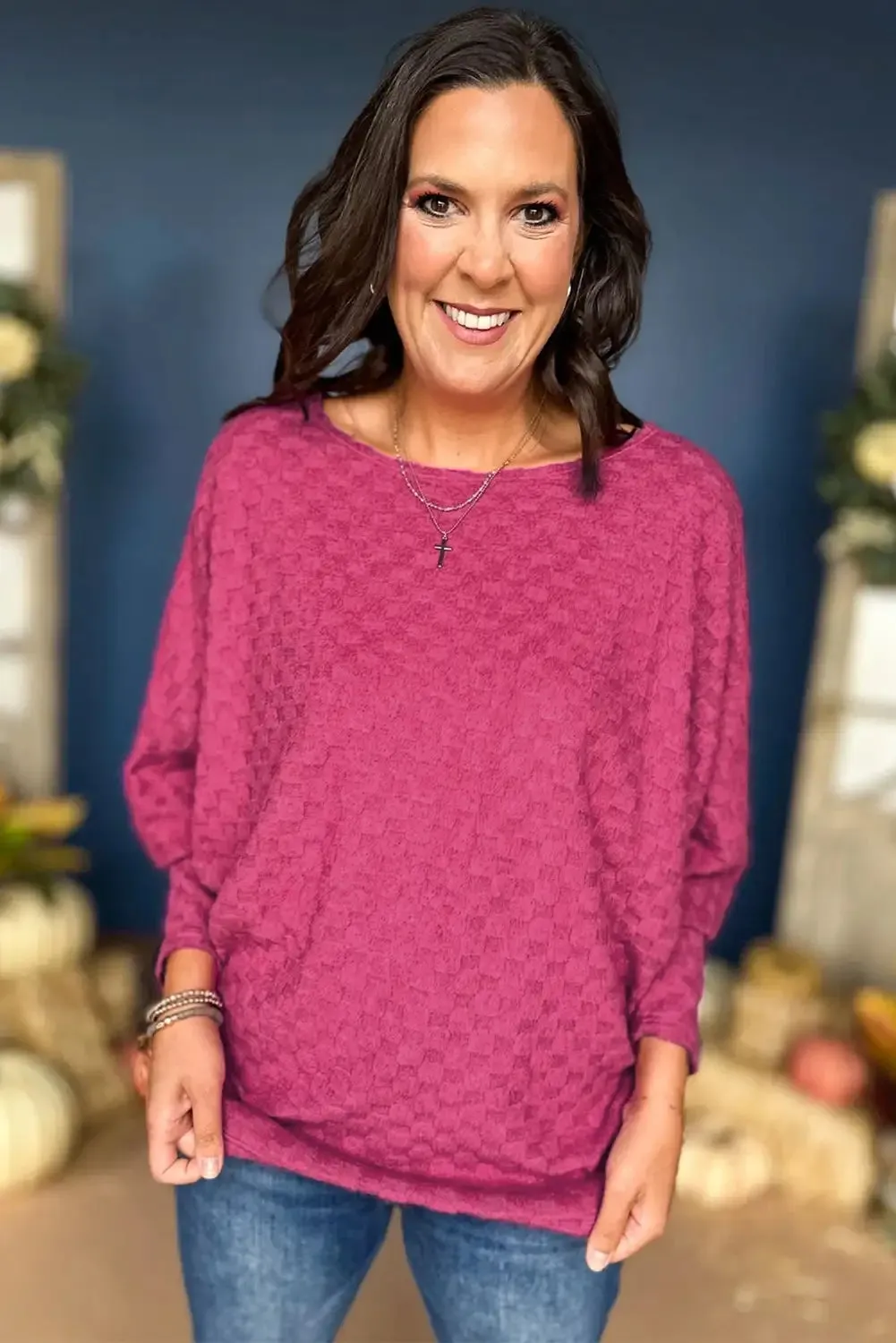 Unique Bright Pink Checker Textured Dolman Sleeve Blouse