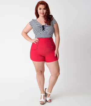 Unique Vintage Plus Size 1940s Style Red High Waist Sailor Debbie Shorts