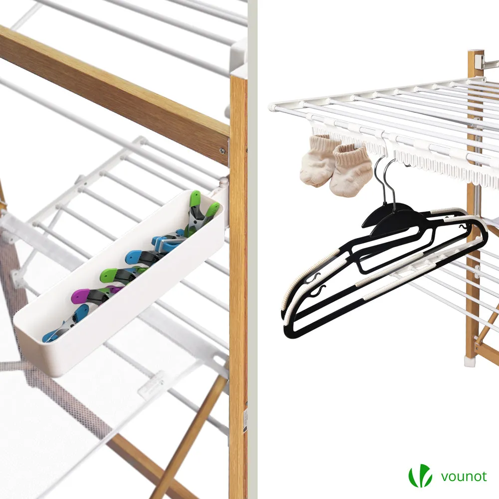 VOUNOT Large Clothes Airer Foldable 2-Level with Wings & Casters White&Wood Look