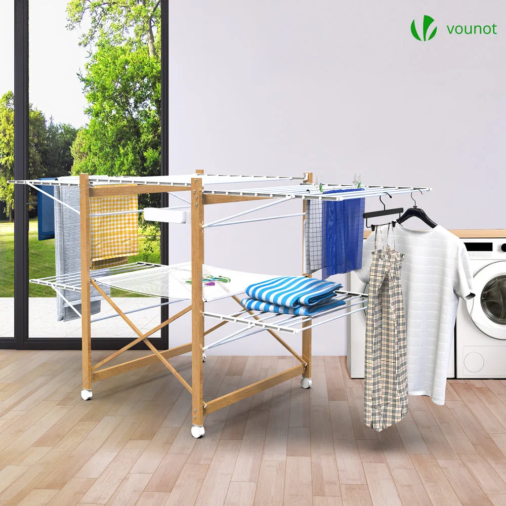 VOUNOT Large Clothes Airer Foldable 2-Level with Wings & Casters White&Wood Look