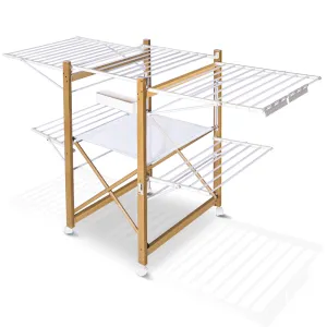 VOUNOT Large Clothes Airer Foldable 2-Level with Wings & Casters White&Wood Look