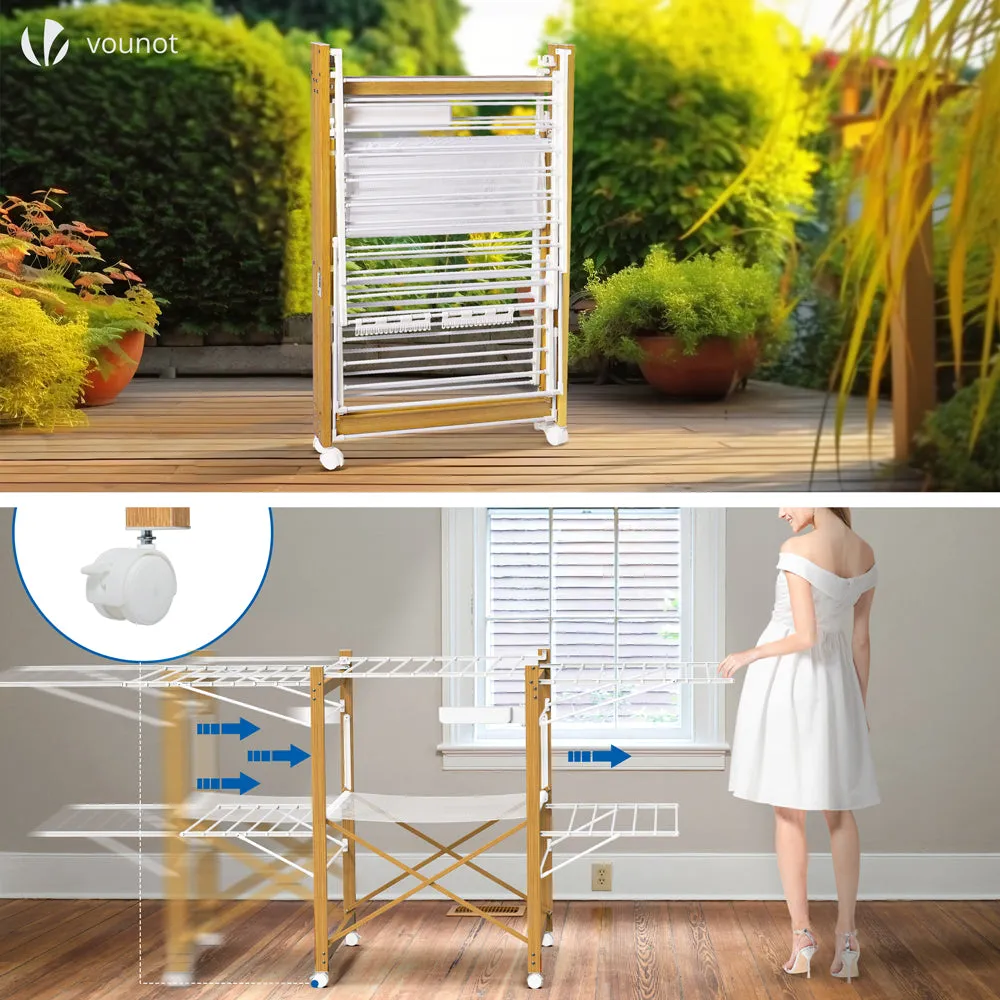 VOUNOT Large Clothes Airer Foldable 2-Level with Wings & Casters White&Wood Look