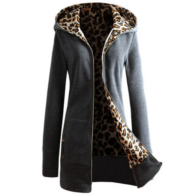 Winter Warm Fashion Women Lady Long Sleeve Hoodies Sweatshirt Slim Fit Leopard Coat Jacket Outerwear