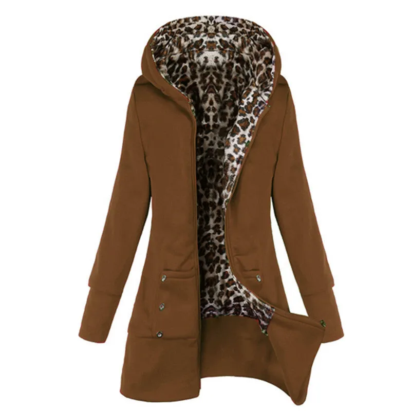 Winter Warm Fashion Women Lady Long Sleeve Hoodies Sweatshirt Slim Fit Leopard Coat Jacket Outerwear