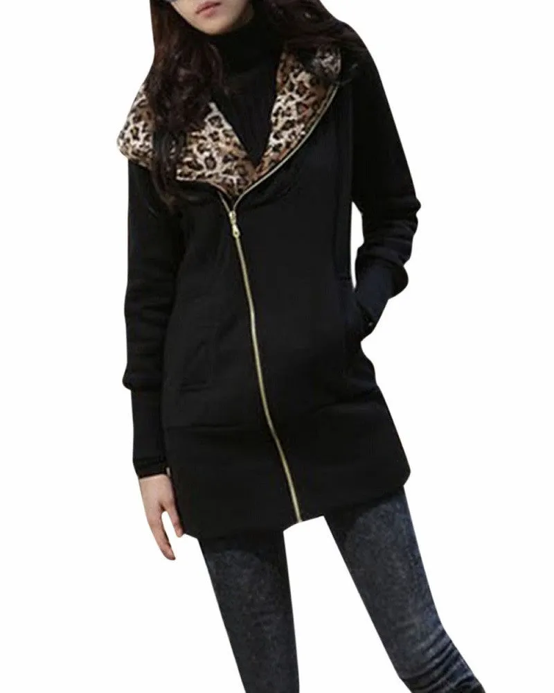 Winter Warm Fashion Women Lady Long Sleeve Hoodies Sweatshirt Slim Fit Leopard Coat Jacket Outerwear