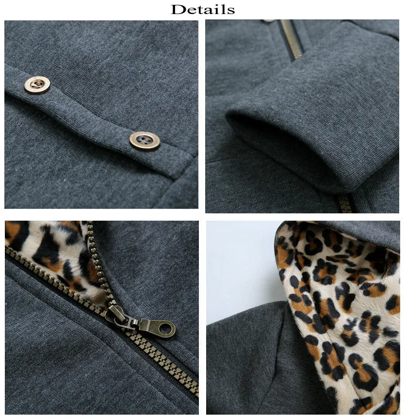 Winter Warm Fashion Women Lady Long Sleeve Hoodies Sweatshirt Slim Fit Leopard Coat Jacket Outerwear