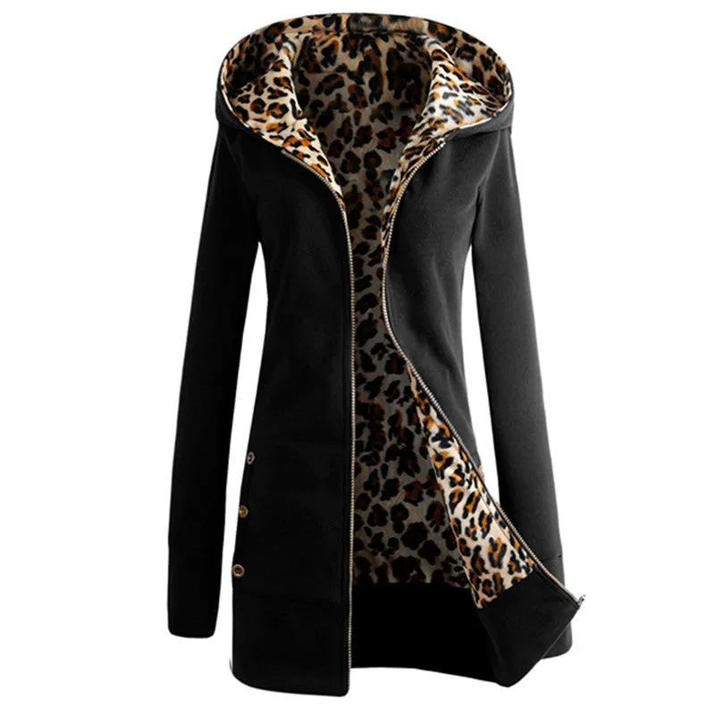 Winter Warm Fashion Women Lady Long Sleeve Hoodies Sweatshirt Slim Fit Leopard Coat Jacket Outerwear