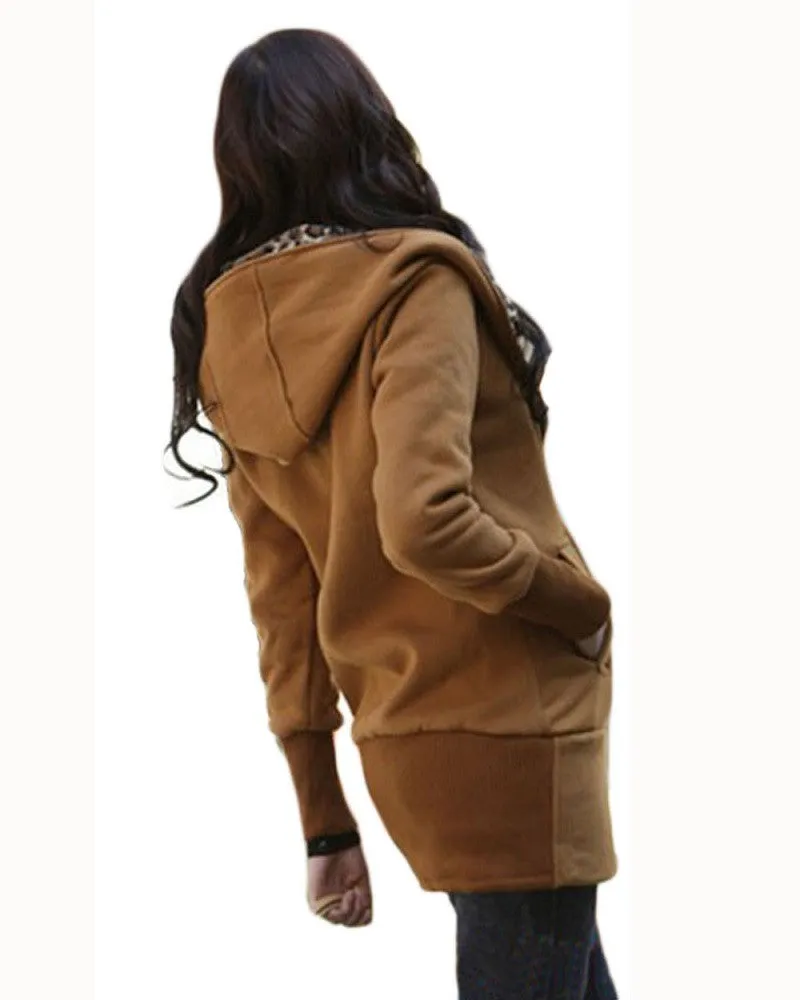 Winter Warm Fashion Women Lady Long Sleeve Hoodies Sweatshirt Slim Fit Leopard Coat Jacket Outerwear