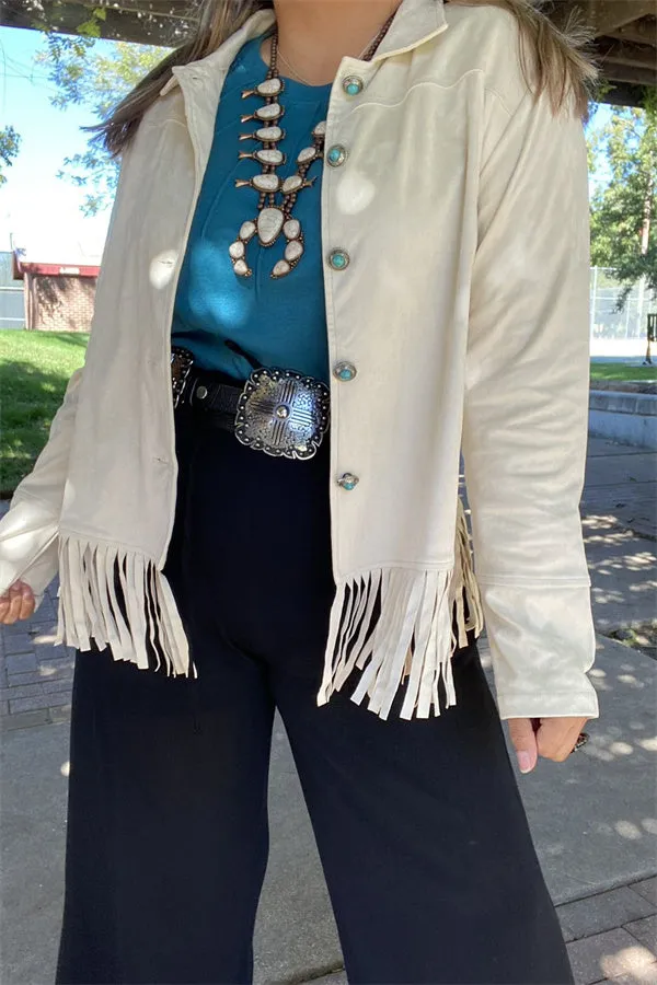 XCH15455 Suede fabric long sleeve w/fringe&tassel w/turquoise button women beige jackets/coats