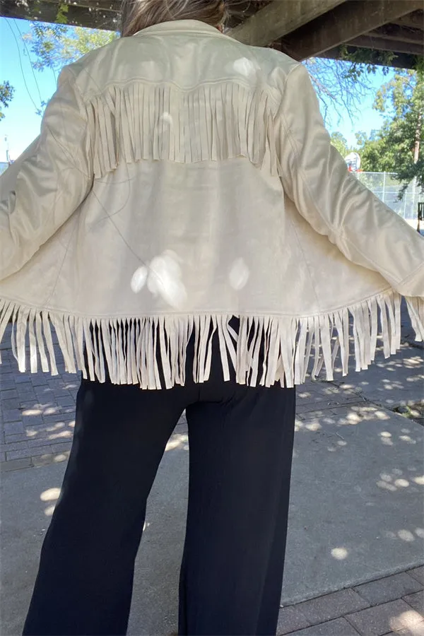 XCH15455 Suede fabric long sleeve w/fringe&tassel w/turquoise button women beige jackets/coats