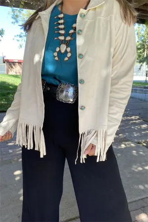 XCH15455 Suede fabric long sleeve w/fringe&tassel w/turquoise button women beige jackets/coats